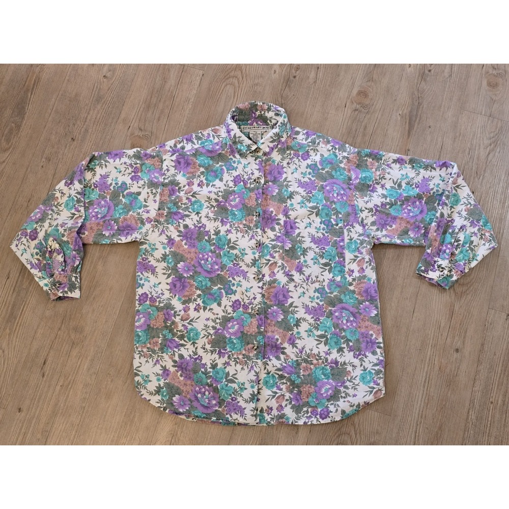 Vintage 1980's Sweet Baby Jane Pastel Floral Collared Button Up Shirt‎ Size M
